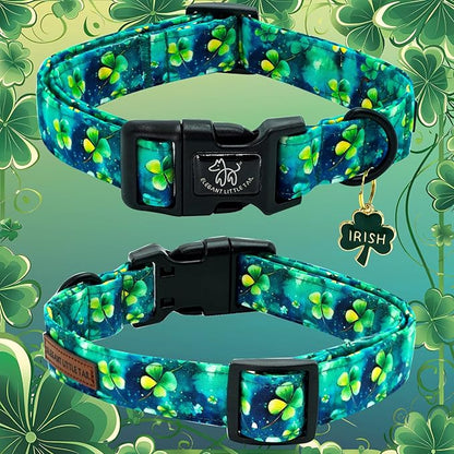 Elegant little tail St Patrick's Day Dog Collar-Green Cute Colver Cotton Shamrock Pet Collar Trefoil Holiday Adjustable Cotton Pet Collar with Quick Release Buckle for Small Medium Large Dogs