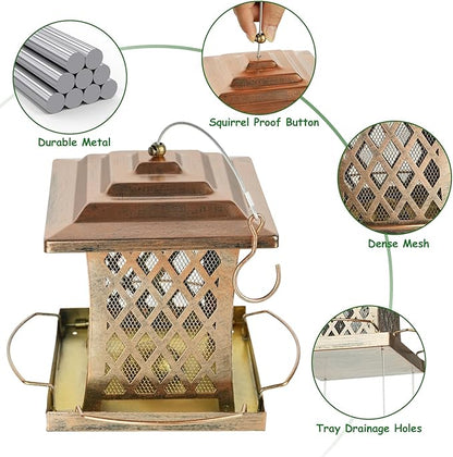 Outdoor Bird Feeder, Heavy Duty Retro Lamp Style Bird Feeders for Outside Hanging, Double Metal Mesh Birdfeeder with Lid Fixing Buckle, 3Lbs Capacity - Bronze