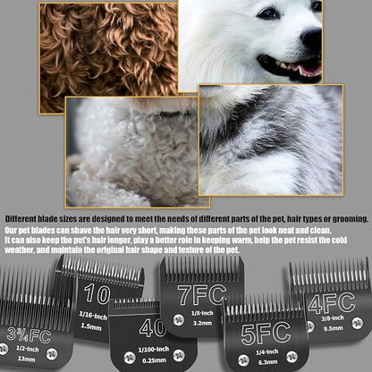 6 Packs Detachable Dog Grooming Steel Blades with Blade case Holder,Compatible with Andis,Oster A5,Wahl KM-10 Series,Cutting Length 1/100" to 1/2"(10+40+7FC+5FC+4FC+3-3/4FC-black)