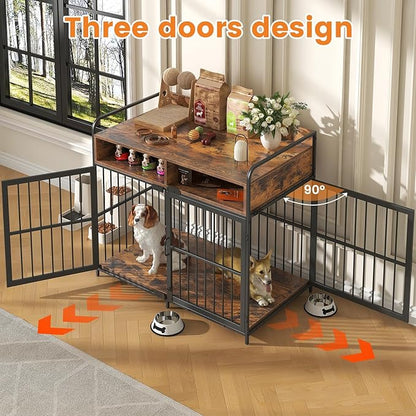 Semoic Large Dog Crate Furniture with Drawers Storage, Puppy Dog Kennel Indoor with Double Doors, Heavy Duty Wooden Dog Cage Table, Sturdy Metal, Rustic Brown