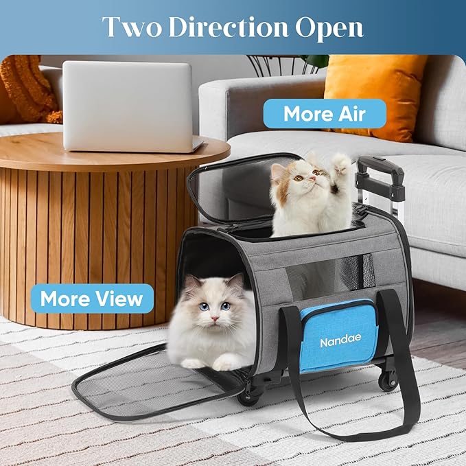 Cat Carrier with Wheels, Foldable, Airline Approved Pet Carrier for Dogs Cats Carrier Under 20 lbs, Soft Rolling Pet Carrier Travel Bag with Tie Rod for Hiking/Camping/Veterinary Visits