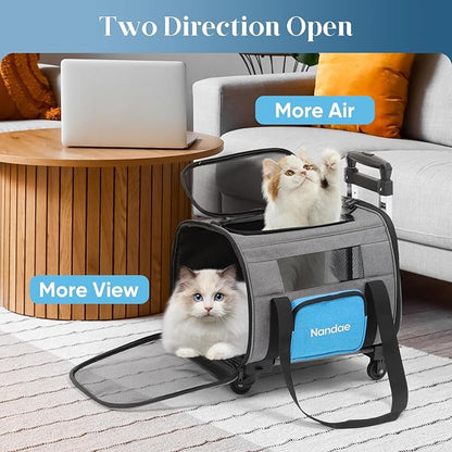 Cat Carrier with Wheels, Foldable, Airline Approved Pet Carrier for Dogs Cats Carrier Under 20 lbs, Soft Rolling Pet Carrier Travel Bag with Tie Rod for Hiking/Camping/Veterinary Visits