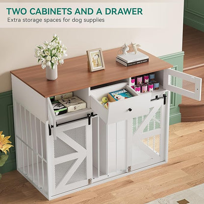 YITAHOME 48" Wooden Dog Crate Furniture with Removable Divider, Large Dog Kennel with Drawers, Double Doors & Locks Design, Dog Crate Furniture TV Stand for Medium Large Dogs