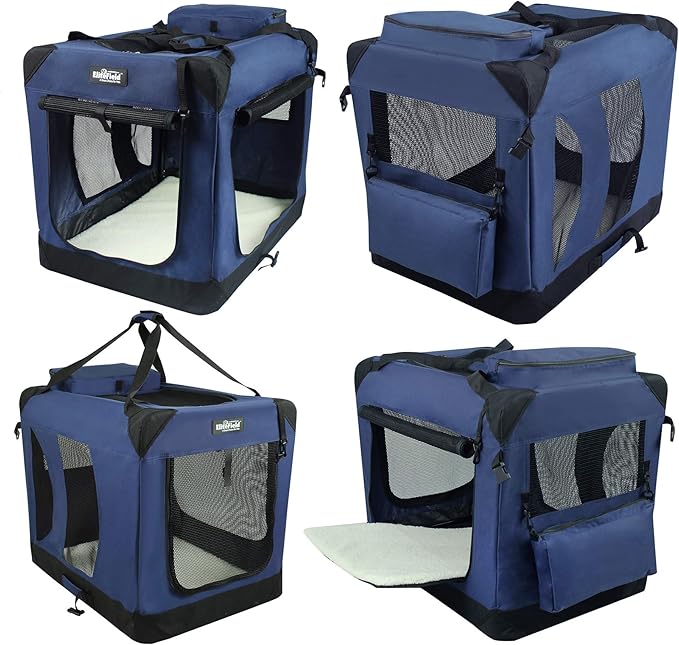 EliteField 3-Door Folding Soft Dog Crate with Carrying Bag and Fleece Bed (2 Year Warranty), Indoor & Outdoor Pet Home (42" L x 28" W x 32" H, Navy Blue)