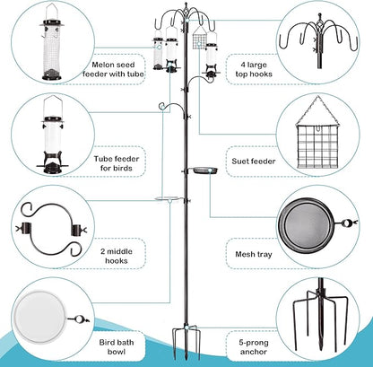 6-Hook Bird Feeding Station Kit, Wild Bird Feeder Stand Pole, Multi-Feeder Kit Stand with 4 Feeders, Bird Bath and Mesh Tray, 94 Inch