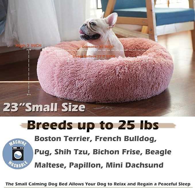 Puppy Beds for Small Dogs Washable 23 Inches Deep Sleep Calming Pink Cute Dog Bed for Girls Chihuahua Bed for Pet Dog Beds Fits up to 20 lbs Pets Beds Machine Washable Dog Bed.