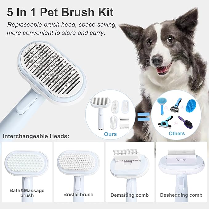 5 IN 1 Pet Grooming Kit,Dog&Cat Self Cleaning Slicker Brush for Shedding.Dematting&Deshedding&Undercoat Dog Brush,Dog Hair Brush,Suitable for Small&Large,Long&Short Haired Pets.(Blue)