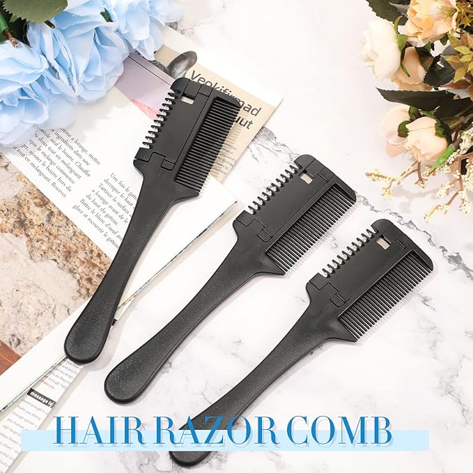 3 Pcs Pet Grooming Razor Comb with 50 Replacement Blades - Double Sided Hair Trimmer, Cutter and Scissors Tool for Dogs and Cats(Black)