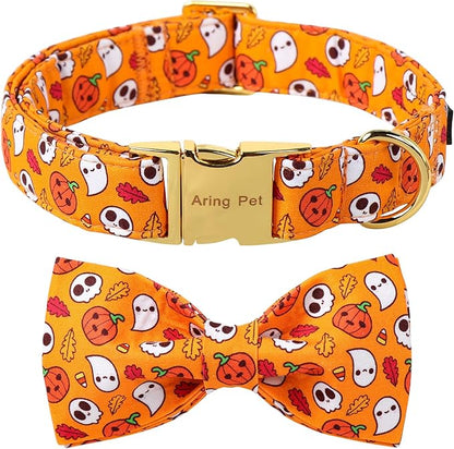 ARING PET Halloween Dog Collar-Cotton Pumpkin Dog Collar with Bow, Adjustable Halloween Themed Bowtie Dog Collars Pet Necklace with Metal Buckle for Girl&Boy Dogs