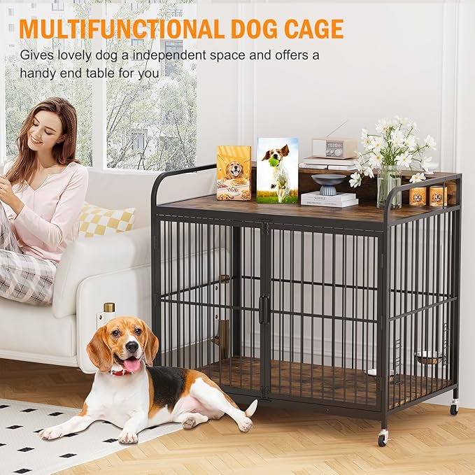 48 Inch Dog Crate Furniture, Dog Crate with Adjustable Height Feeder, Designed for Small Dogs, Featuring 360-Degree Swivel Wheels for Easy Movement, Rustic Brown Finish