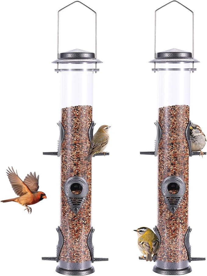 MIXXIDEA 2PK Metal Bird Feeders with 6 Feeding Ports,Tube Bird Feeder with Steel Hanger,Hard Plastic Wild Bird Feeder for Outdoors Hanging, Attracting Birds in Your Lawn, Garden, Balcony (Grey)