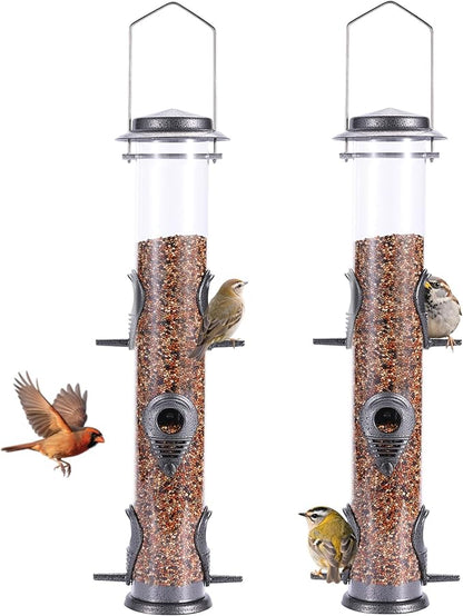 MIXXIDEA 2PK Metal Bird Feeders with 6 Feeding Ports,Tube Bird Feeder with Steel Hanger,Hard Plastic Wild Bird Feeder for Outdoors Hanging, Attracting Birds in Your Lawn, Garden, Balcony (Grey)