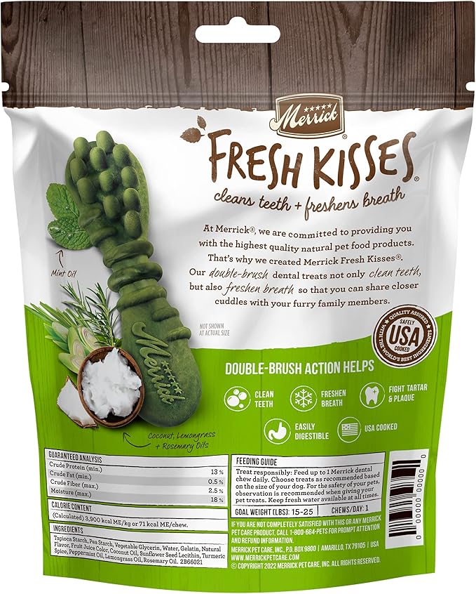 Merrick Fresh Kisses Natural Dental Chews Infused With Coconut And Botanical Oils For Small Dogs 15-25 Lbs - 9 ct. Bag