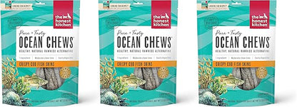 The Honest Kitchen 3 Pack of Crispy Cod Fish Skins Ocean Chews Single-Ingredient Dog Treats, 5.5 Ounces Each