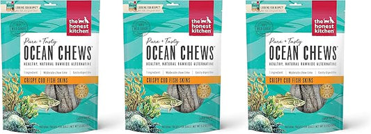 The Honest Kitchen 3 Pack of Crispy Cod Fish Skins Ocean Chews Single-Ingredient Dog Treats, 5.5 Ounces Each