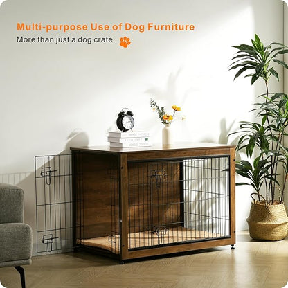 DWANTON Dog Crate Furniture with Cushion, Wooden Kennel Table with Double Doors, Indoor Dog House, Large Size, 38.5" L, Warm Brown