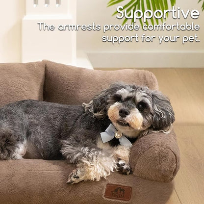 Hollypet Fluffy Plush Pet Sofa Soft Calming Pet Sofa Beds for Medium Small Cats and Dogs, Dark Brown