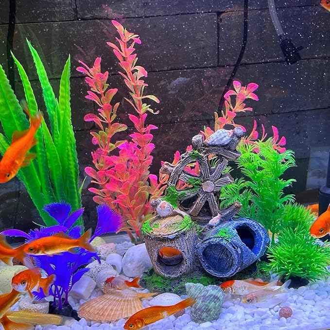Mipukbay Fish Tank Decoration, Broken Ship Wheel & Cask Aquarium Decor Hiding Cave Ornament Landscaping Rock Resin Decoration