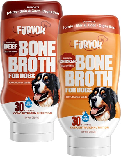 Chicken Bone Broth and Beef Bone Broth for Dogs - Collagen Protein Supplement for Digestion, Mobility, Coat, Immunity, Human Grade Meal Boost Gravy, Made in USA, 16 oz, 2-Pack