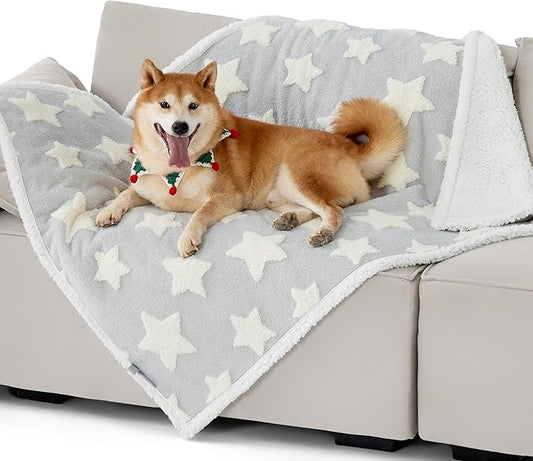 Lesure Waterproof Dog Blanket for Large Dogs - Washable Double Sided Dog Blankets with Warm Jacquard Shag and Soft Sherpa Fleece, Pet Cat Blanket for Couch Protection, 3D Textured Star, Grey