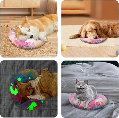 Glow-in-the-Dark U-Shaped Calming Pet Pillow for Dogs & Cats, Machine Washable Ultra-Soft Fleece Cover Comforting Neck Support Pillow for Elderly, Weak, Disabled Pets, Luminous for Nighttime (Rainbow)