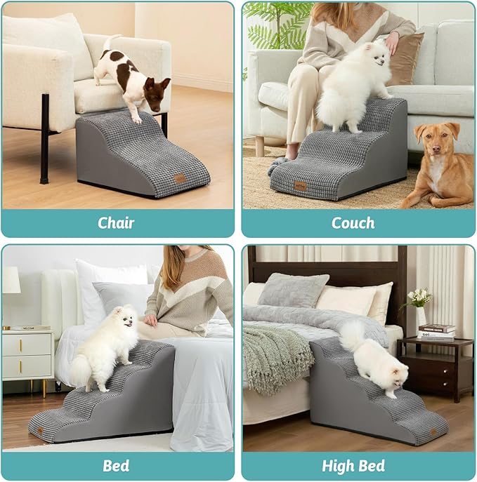 Dog Stairs for Small Dogs 19.7" H, Pet Step with Leakproof Cover, High Density Foam Cat Ramp for Bed, Couch or Sofa, Lightweight, Durable, Comfort, 15.7x28.3x19.7 inch, 4 Tiers, Light Grey