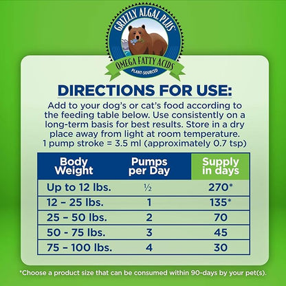 Grizzly Pet ProductsAlgal Plus Omega 3-6-9 Food Supplement for Dogs and Cats, 16 Ounce Bottle
