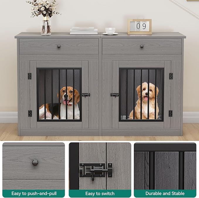 YITAHOME 60" Wooden Dog Crate Furniture with Removable Divider & Storage Drawers, Double Door Kennel with Locks for Medium and Large Dogs, Multi-Functional Dog Crate End Table for Indoor use, Grey