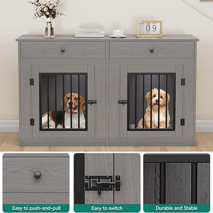 YITAHOME 60" Wooden Dog Crate Furniture with Removable Divider & Storage Drawers, Double Door Kennel with Locks for Medium and Large Dogs, Multi-Functional Dog Crate End Table for Indoor use, Grey