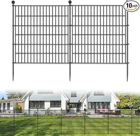 10 Panels No Dig Decorative Outdoor Garden Fence for Yard, 32 in(H) X 23.6 ft(L) Animal Barrier Fencing Rustproof Metal Wire Panel Border for Dog, Rabbits, and Patio Temporary Ground Stakes
