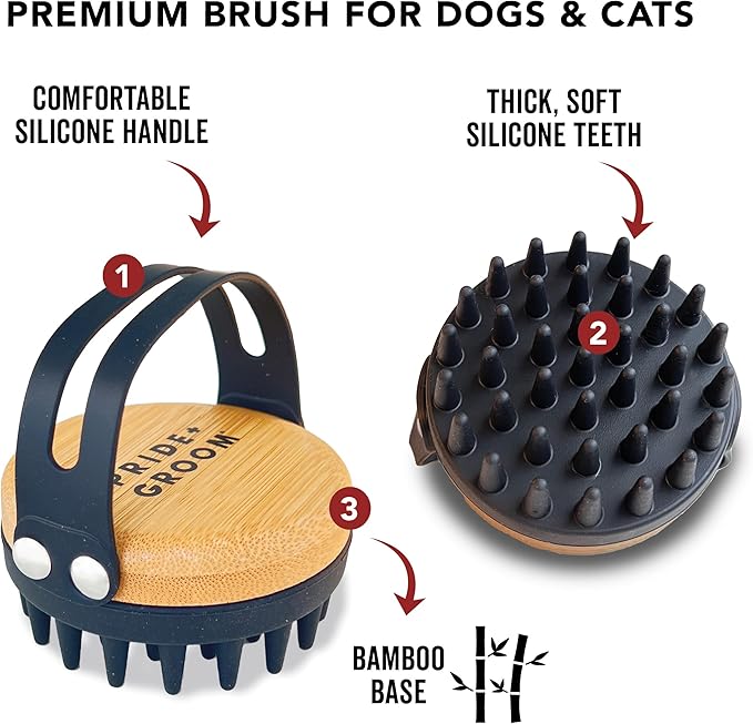 Pride and Groom Bath Brush  Dog Brush with Silicone Teeth & Bamboo Base to Release Debris & Undercoat, Stimulate Natural Skin Oils, Detangle, & Massage in and out of Tub for Healthy Coat