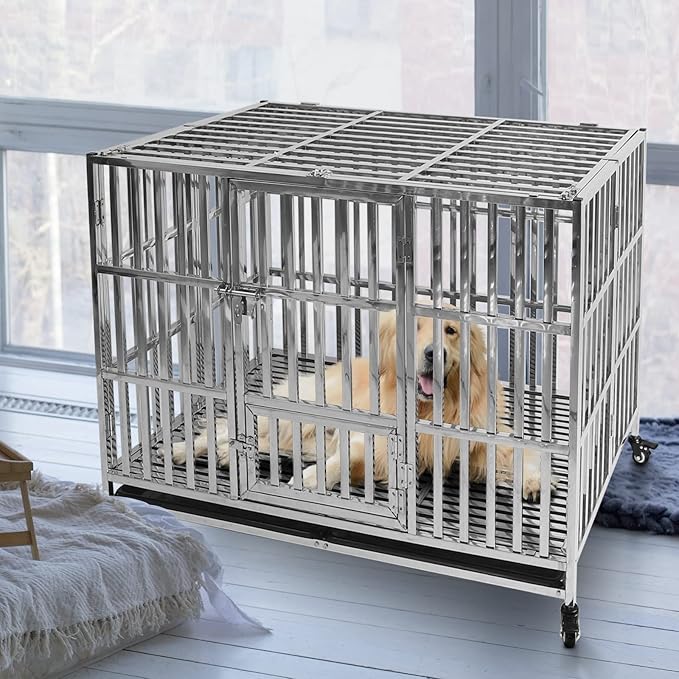 48 Inch Dog Crates for Large Dogs, Upgraded 4 Lockable Wheels, Removable Door, Dog Kennel Indoor, Max Load 300Lbs, Easy to Clean, Removable Tray, XL Dog Cage for Large and Medium Dogs