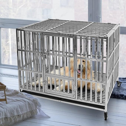48 Inch Dog Crates for Large Dogs, Upgraded 4 Lockable Wheels, Removable Door, Dog Kennel Indoor, Max Load 300Lbs, Easy to Clean, Removable Tray, XL Dog Cage for Large and Medium Dogs