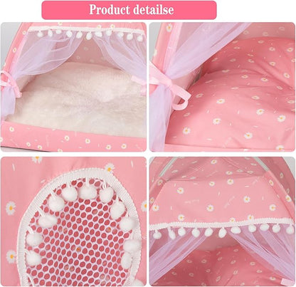Gigreinc Cat Princess Indoor Tent House Pet Dog Cute Floral Cave Nest Bed Portable Dog Tents (M:38x38x36cm/15x15x14inch, Daisy Pink)