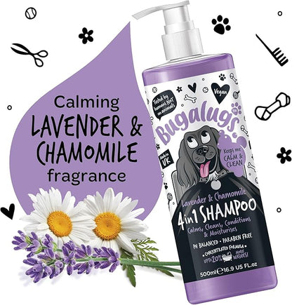 Dog Shampoo by Bugalugs Lavender & Chamomile 4 in 1 Dog Grooming Shampoo Products for Smelly Dogs with Fragrance, Best Puppy Shampoo, Vegan pet Shampoo & Conditioner