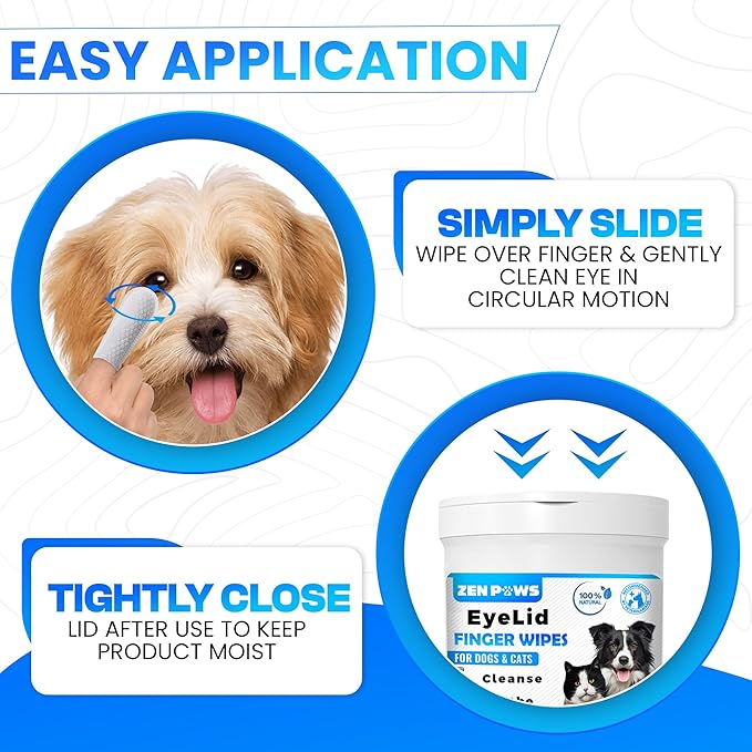 Zenpaws Cat & Dog Eye Wipes – Easy to Use 50 Finger Wipes – Gently Remove Tear Stains, Eye Discharge, Discharge, Mucus Secretions. Treats Inflammation & Itchiness