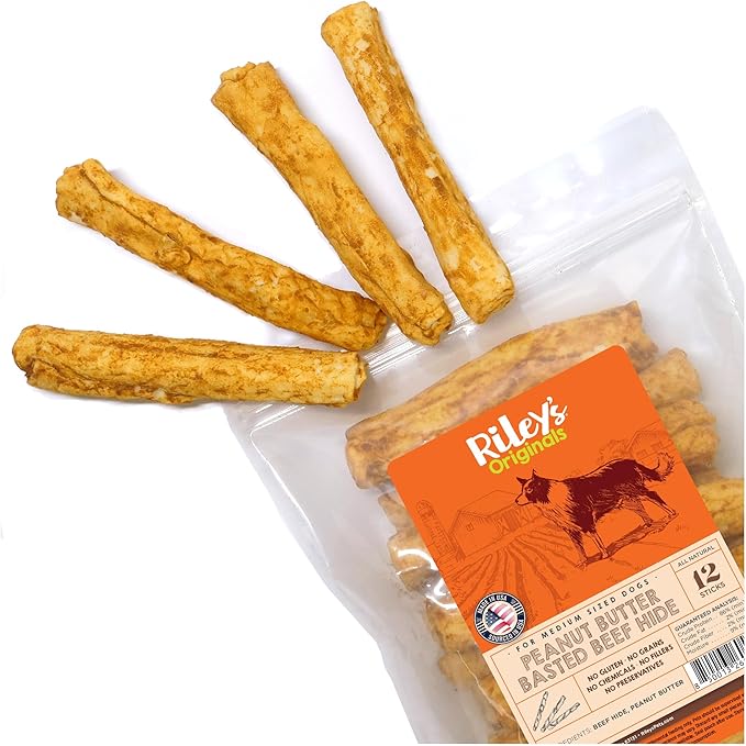 Riley's Peanut Butter Beef Hide Dog Treats, USA Sourced & Made Medium Dog Treats, Chew Sticks, Raw Hides for Small Dogs, Rawhide Sticks for Dogs 12 ct