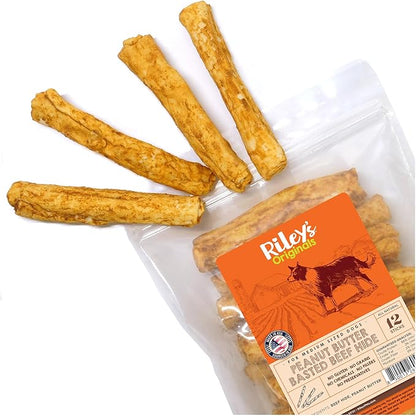 Riley's Peanut Butter Beef Hide Dog Treats, USA Sourced & Made Medium Dog Treats, Chew Sticks, Raw Hides for Small Dogs, Rawhide Sticks for Dogs 12 ct