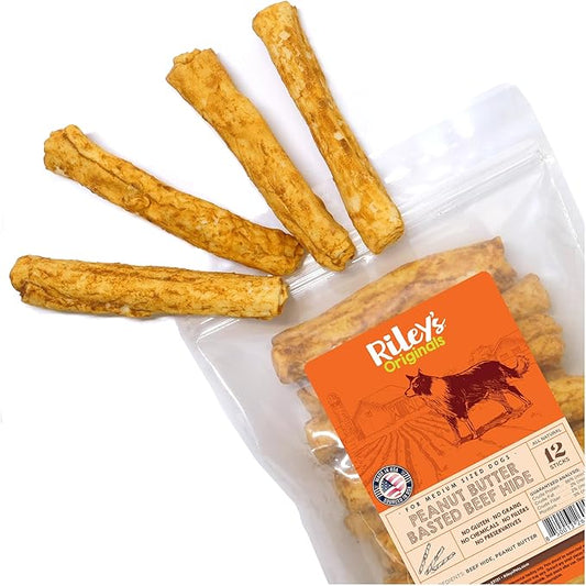 Riley's Peanut Butter Beef Hide Dog Treats, USA Sourced & Made Medium Dog Treats, Chew Sticks, Raw Hides for Small Dogs, Rawhide Sticks for Dogs 12 ct