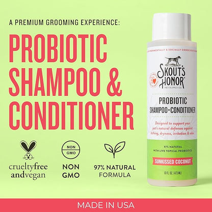 Skout's Honor Probiotic Pet Shampoo & Conditioner with Avocado Oil & Omega-3s, 97% Natural, Paraben & Sulfate-Free, Cruelty-Free, 16oz, Sunkissed Coconut