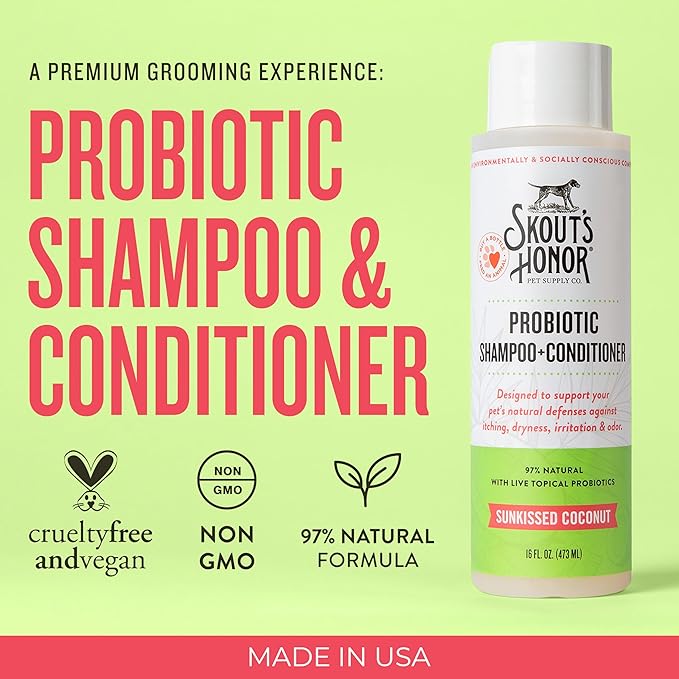 Skout's Honor Probiotic Pet Shampoo & Conditioner with Avocado Oil & Omega-3s, 97% Natural, Paraben & Sulfate-Free, Cruelty-Free, 16oz, Sunkissed Coconut, 2-Pack