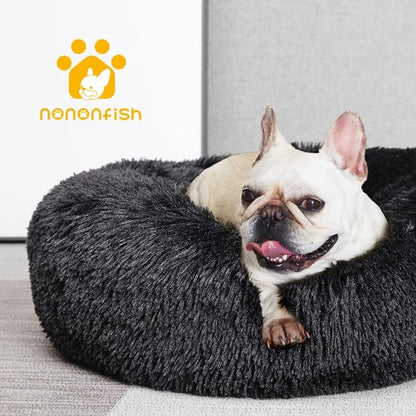 Black Dog Bed for Small Dogs Washble Calming Dog Bed for Small Dogs 23 Inch Fluffy Plush Black Dog Bed Round Donut Machine Washable Small Pet Bed.