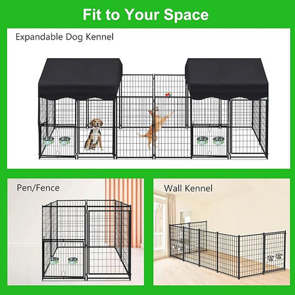 Dog Kennel Outdoor, Large Outside Dog Kennel with Rotating Feeding Door Outdoor Kennel with Roof, Dog Enclosures for Outside Metal Dog House with Cover Outside Dog Crate for Dogs, Rabbits, 2 Pack