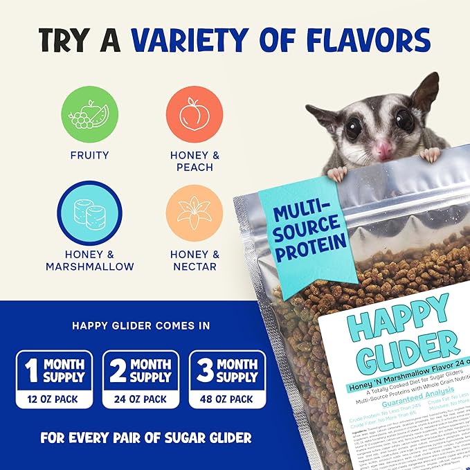 Happy Glider Sugar Glider Food - Honey & Marshmallow | 1.5 lbs of Premium Food for Sugar Gliders and Small Animals - 2 Months Supply