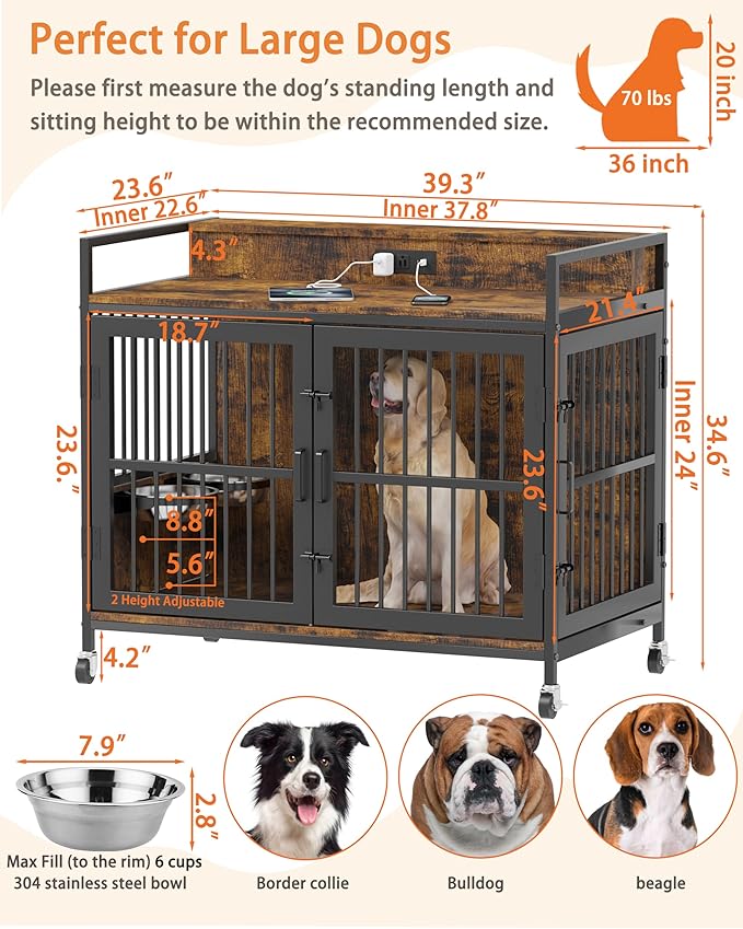 Piskyet Large Dog Crate Furniture,Heavy Duty Dog Crate Table with Charge Station and Storage&360°Rotatable Feeder and Stainless Steel Bowls,Indoor Double Door Kennel with Wheels,Rustic Brown 39.9" L