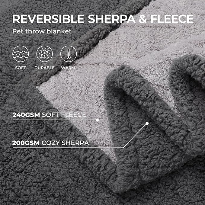 Waterproof Pet Blanket, Liquid Pee Proof Dog Blanket for Sofa Bed Couch, Reversible Sherpa Fleece Furniture Protector Cover for Small Medium Large Dogs Cats, Light Grey King Sizeï¼90" x 82"ï¼