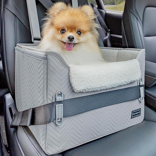 PETSFIT Dog Booster Seat, Portable Dog Car Seats for Small Dogs with Clip-On Leash, Patented Safe Buckles, Dog Booster Car Seat Suitable for Small Pets Up to 25lbs (Light Grey)
