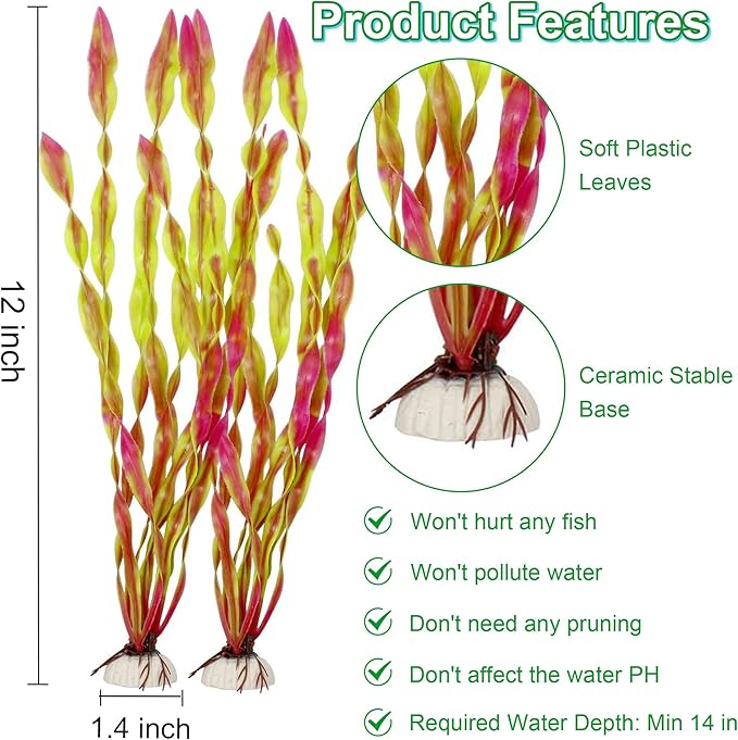 MyLifeUNIT Artificial Seaweed Water Plants for Aquarium, Plastic Fish Tank Plant Decorations 10 PCS (12 Inches Tall, Wine Red)