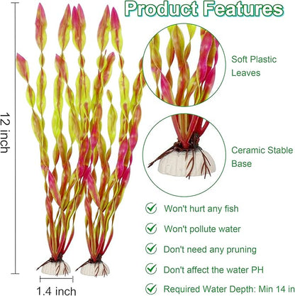 MyLifeUNIT Artificial Seaweed Water Plants for Aquarium, Plastic Fish Tank Plant Decorations 10 PCS (12 Inches Tall, Wine Red)