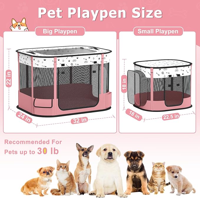 Portable Cat Playpen with litter box area, Foldable Pet Dog Playpen, for Kitten Puppy Play Pen Indoor/Outdoor, Cats Enclosure Cages Tent with Carrying Case, 600D Oxford 8-Rods, 32"x24"x22", Pink